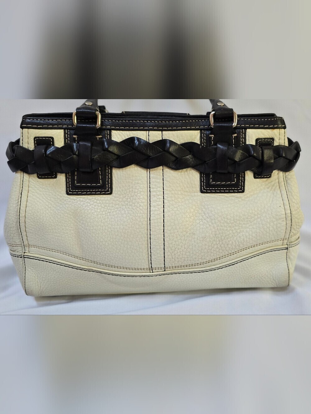 Coach Hamptons F13031 Ivory Black Pebbled Leather Braided Satchel Y2K - Picture 6 of 13